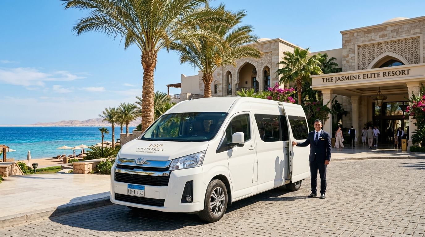 Direct hotel pickup in a Toyota HiAce with full air conditioning and solar protection glass